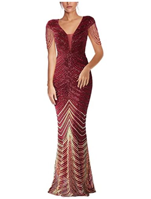 Meilun Women's V Neck Sequins Mermaid Gown Long Prom Evening Party Dress