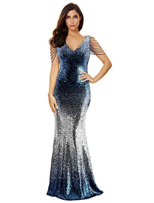 Meilun Women's V Neck Sequins Mermaid Gown Long Prom Evening Party Dress