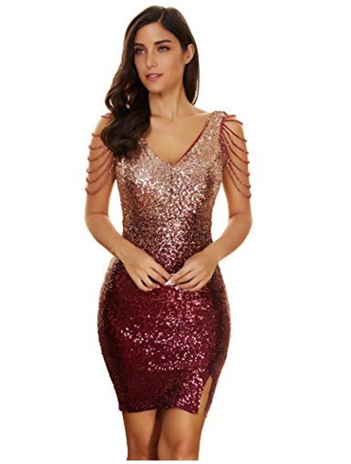 meilun Women's Sequins Bead Glitter Club Party Bodycon Mini Dress