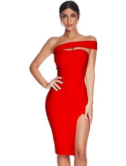 meilun Womens Bodycon Bandage Dress Vestidos One Shoulder Midi Celebrity Party Dresses