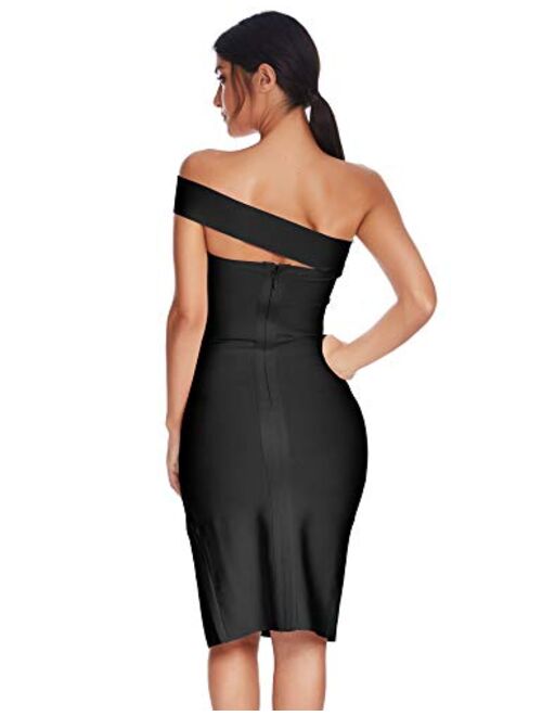 meilun Womens Bodycon Bandage Dress Vestidos One Shoulder Midi Celebrity Party Dresses