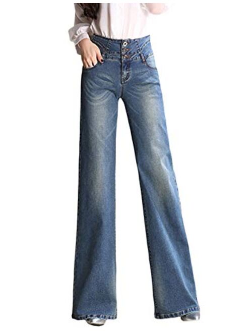 Yeokou Women's Vintage High Waist Bell-Bottom Wide Leg Flare Jeans Denim Pants