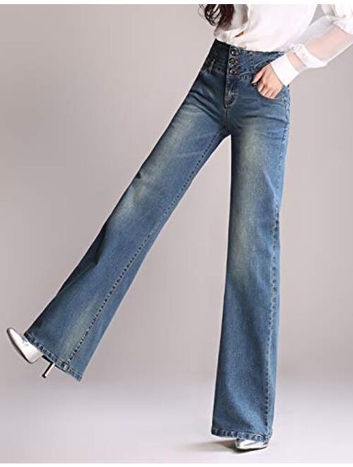 Yeokou Women's Vintage High Waist Bell-Bottom Wide Leg Flare Jeans Denim Pants