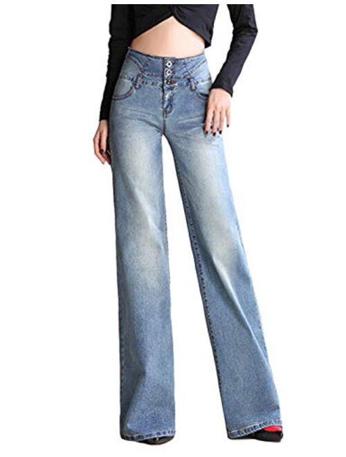 Yeokou Women's Vintage High Waist Bell-Bottom Wide Leg Flare Jeans Denim Pants