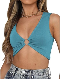 Just Quella Crop Tops for Women Plunging Neckline Crop Top with Golden Ring Centrepiece