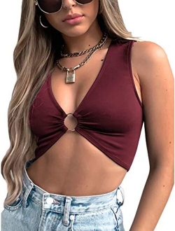 Just Quella Crop Tops for Women Plunging Neckline Crop Top with Golden Ring Centrepiece