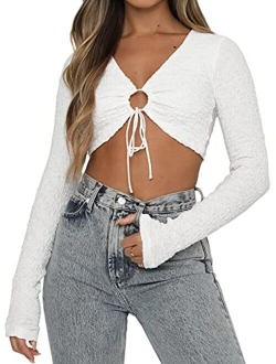 Just Quella Crop Tops for Women Plunging Neckline Crop Top with Golden Ring Centrepiece