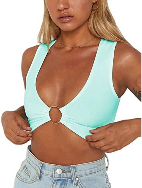 Just Quella Crop Tops for Women Plunging Neckline Crop Top with Golden Ring Centrepiece