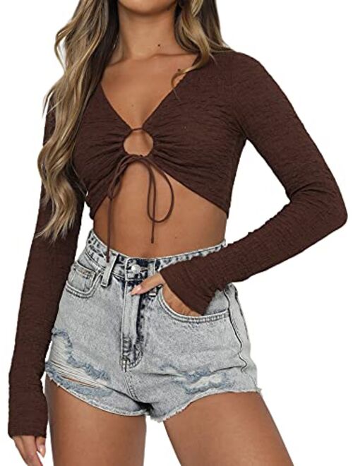 Just Quella Crop Tops for Women Plunging Neckline Crop Top with Golden Ring Centrepiece