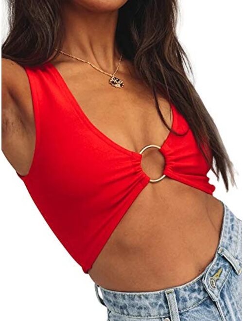 Just Quella Crop Tops for Women Plunging Neckline Crop Top with Golden Ring Centrepiece