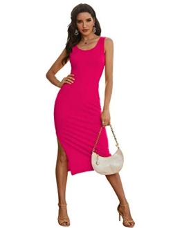 CMZ2005 Women's Scoop Neck Sleeveless Side Split Long Dress Casual Tank T-Shirt Midi Dresses Bodycon Tank Dress 71819