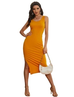 CMZ2005 Women's Scoop Neck Sleeveless Side Split Long Dress Casual Tank T-Shirt Midi Dresses Bodycon Tank Dress 71819