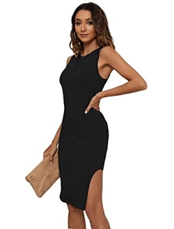 CMZ2005 Women's Scoop Neck Sleeveless Side Split Long Dress Casual Tank T-Shirt Midi Dresses Bodycon Tank Dress 71819