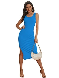 CMZ2005 Women's Scoop Neck Sleeveless Side Split Long Dress Casual Tank T-Shirt Midi Dresses Bodycon Tank Dress 71819