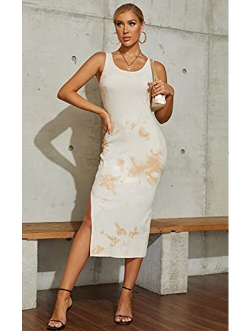 CMZ2005 Women's Scoop Neck Sleeveless Side Split Long Dress Casual Tank T-Shirt Midi Dresses Bodycon Tank Dress 71819