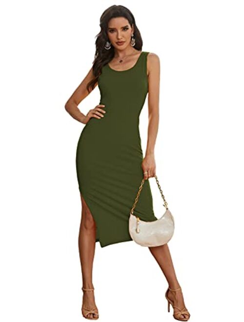 CMZ2005 Women's Scoop Neck Sleeveless Side Split Long Dress Casual Tank T-Shirt Midi Dresses Bodycon Tank Dress 71819