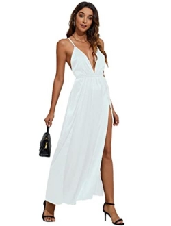 CMZ2005 Women's Sexy Deep V-Neck Cocktai Party Dress Satin Wedding Guest Backless High Slit Maxi Dress 72222