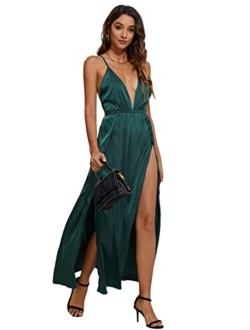 CMZ2005 Women's Sexy Deep V-Neck Cocktai Party Dress Satin Wedding Guest Backless High Slit Maxi Dress 72222