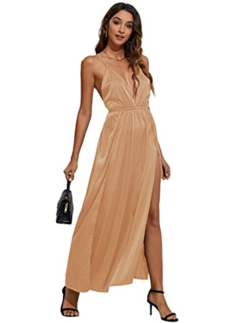 CMZ2005 Women's Sexy Deep V-Neck Cocktai Party Dress Satin Wedding Guest Backless High Slit Maxi Dress 72222