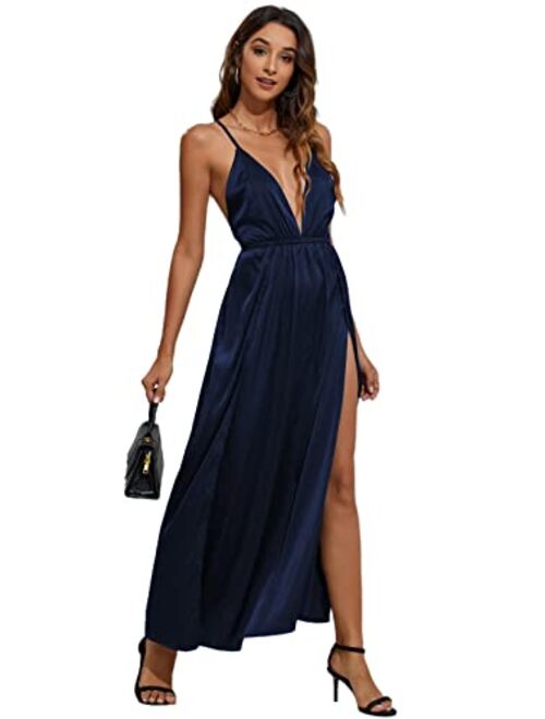 CMZ2005 Women's Sexy Deep V-Neck Cocktai Party Dress Satin Wedding Guest Backless High Slit Maxi Dress 72222