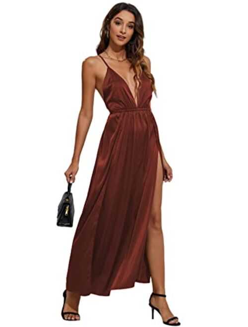 CMZ2005 Women's Sexy Deep V-Neck Cocktai Party Dress Satin Wedding Guest Backless High Slit Maxi Dress 72222