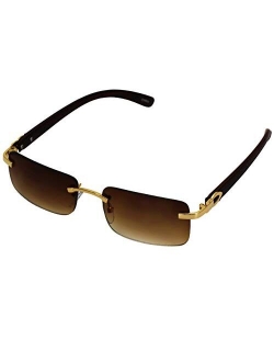 Flawless Eyewear Elite Slim Rimless Rectangular Metal & Wood Art Aviator Sunglasses