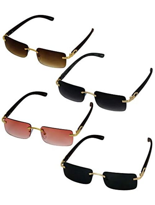 Flawless Eyewear Elite Slim Rimless Rectangular Metal & Wood Art Aviator Sunglasses