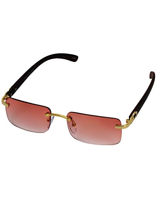 Flawless Eyewear Elite Slim Rimless Rectangular Metal & Wood Art Aviator Sunglasses