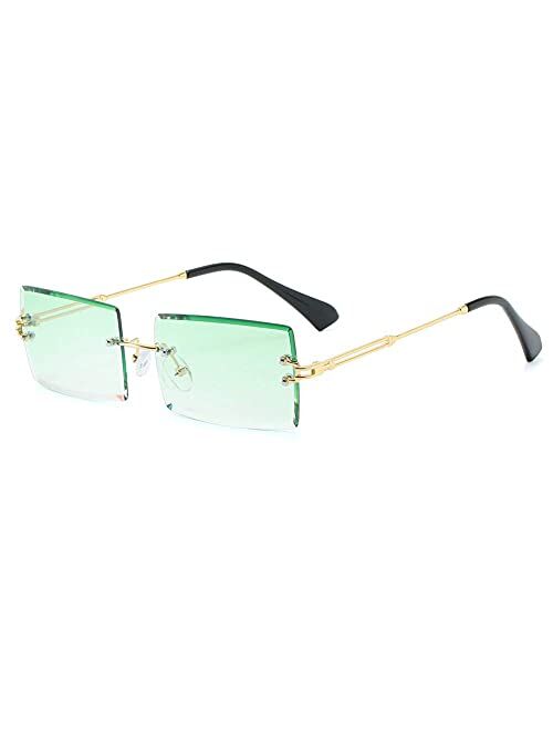 LASPOR Retro Rimless Rectangle Sunglasses for Women Men Tinted Lens Gold Metal Frameless Vintage Square Glasses