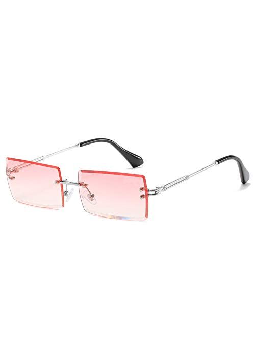 LASPOR Retro Rimless Rectangle Sunglasses for Women Men Tinted Lens Gold Metal Frameless Vintage Square Glasses