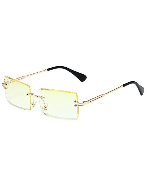 LASPOR Retro Rimless Rectangle Sunglasses for Women Men Tinted Lens Gold Metal Frameless Vintage Square Glasses