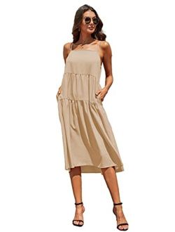 CMZ2005 Womens Casual Summer Drapey Beach Dress Adjustable Spaghetti Straps Loose Dress with Pockets 71975