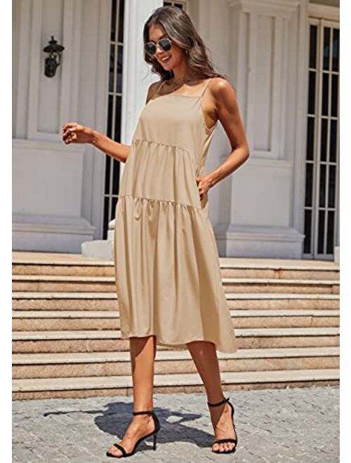 CMZ2005 Womens Casual Summer Drapey Beach Dress Adjustable Spaghetti Straps Loose Dress with Pockets 71975