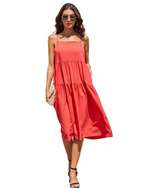 CMZ2005 Womens Casual Summer Drapey Beach Dress Adjustable Spaghetti Straps Loose Dress with Pockets 71975