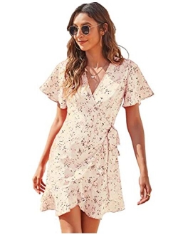 CMZ2005 Women's Sexy Wrap V Neck Tie Knot Ruffle Short Dress Short Bell Sleeve Floral Mini Dress with Belt 72017