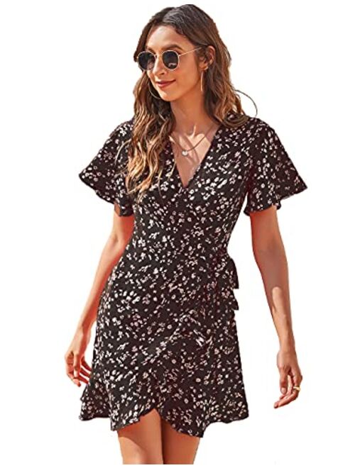 CMZ2005 Women's Sexy Wrap V Neck Tie Knot Ruffle Short Dress Short Bell Sleeve Floral Mini Dress with Belt 72017