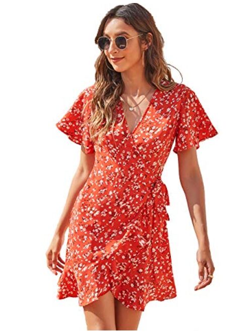 CMZ2005 Women's Sexy Wrap V Neck Tie Knot Ruffle Short Dress Short Bell Sleeve Floral Mini Dress with Belt 72017