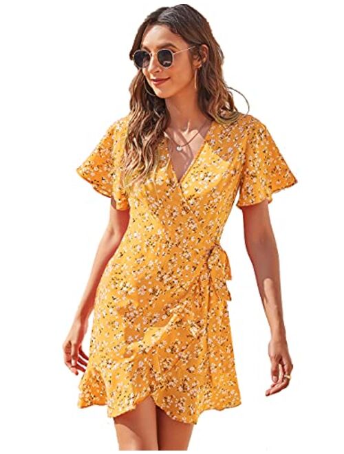 CMZ2005 Women's Sexy Wrap V Neck Tie Knot Ruffle Short Dress Short Bell Sleeve Floral Mini Dress with Belt 72017