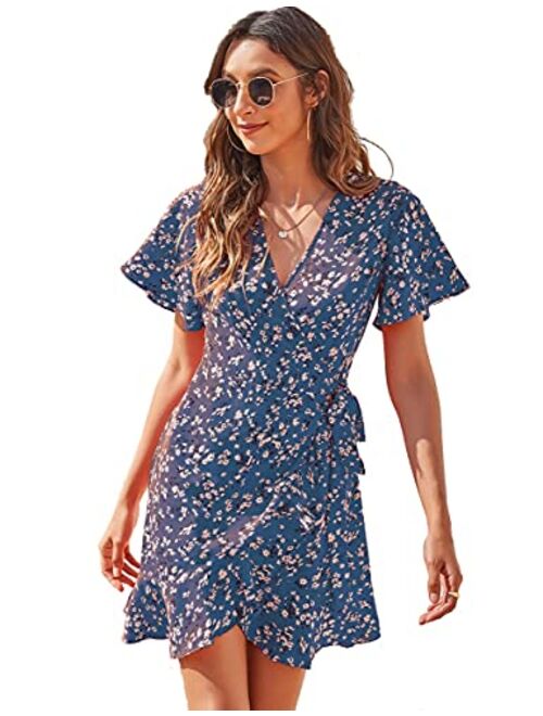 CMZ2005 Women's Sexy Wrap V Neck Tie Knot Ruffle Short Dress Short Bell Sleeve Floral Mini Dress with Belt 72017