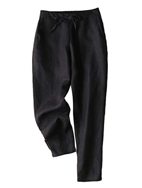 Yeokou Women's Casual Loose Solid Color Elastic Waist Cropped Cotton Pants