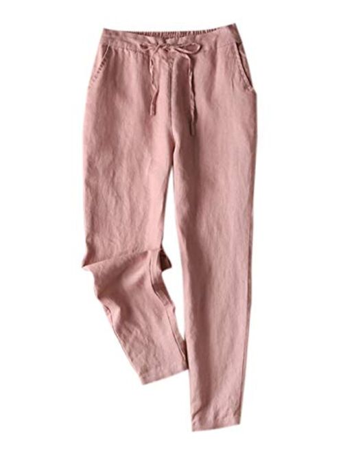 Yeokou Women's Casual Loose Solid Color Elastic Waist Cropped Cotton Pants