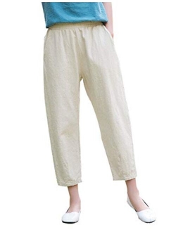 Yeokou Womens Casual Relaxed Fit Cotton Linen Tapered Cropped Pants Trousers