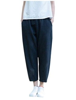 Yeokou Womens Casual Relaxed Fit Cotton Linen Tapered Cropped Pants Trousers