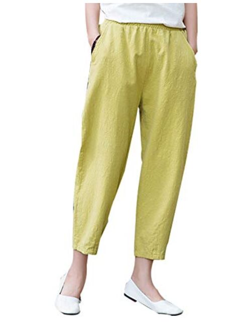 Yeokou Womens Casual Relaxed Fit Cotton Linen Tapered Cropped Pants Trousers