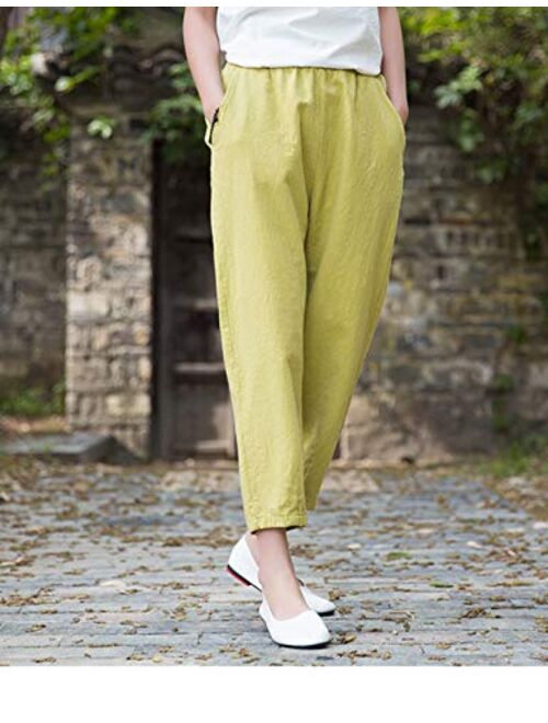 Yeokou Womens Casual Relaxed Fit Cotton Linen Tapered Cropped Pants Trousers