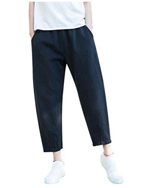 Yeokou Womens Casual Relaxed Fit Cotton Linen Tapered Cropped Pants Trousers