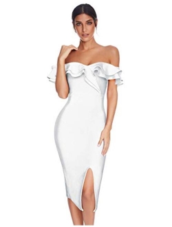 meilun Womens Rayon Off Shoulder Celebrity Midi Evening Party Bandage Dress