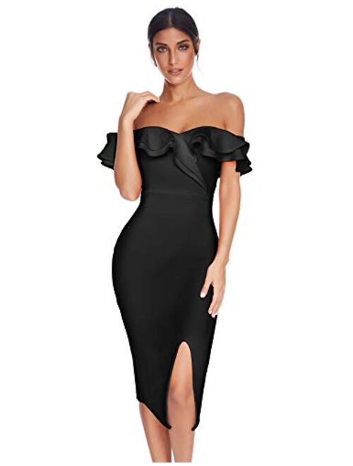 meilun Womens Rayon Off Shoulder Celebrity Midi Evening Party Bandage Dress