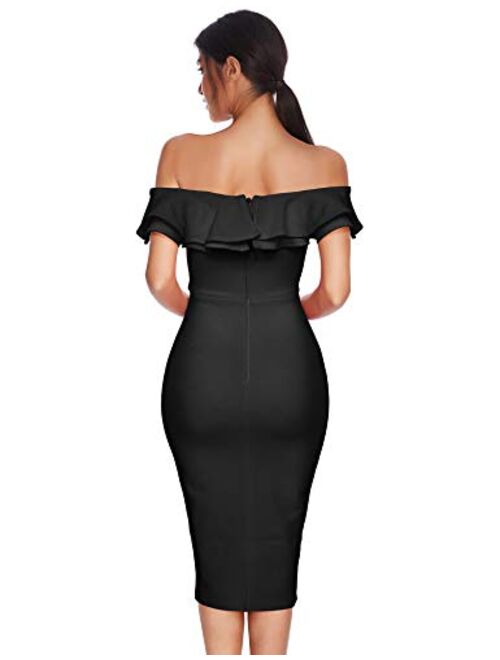 meilun Womens Rayon Off Shoulder Celebrity Midi Evening Party Bandage Dress