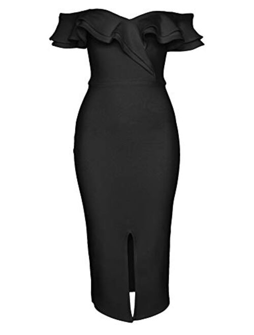 meilun Womens Rayon Off Shoulder Celebrity Midi Evening Party Bandage Dress